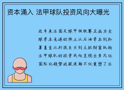 资本涌入 法甲球队投资风向大曝光